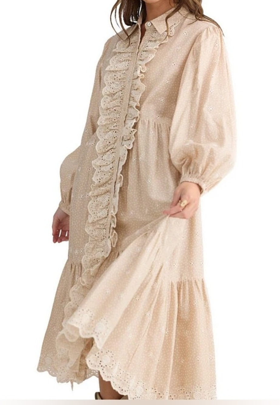 Talisman Garden Party Embroidered Eyelet Shirt Collar Long Slv Blouson Dress S